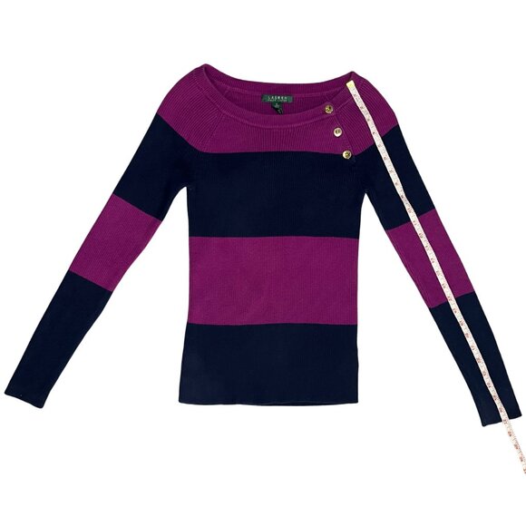 Ralph Lauren Women’s Striped Knit Sweater Magenta Navy Button Shoulder Sz Small - Picture 7 of 11